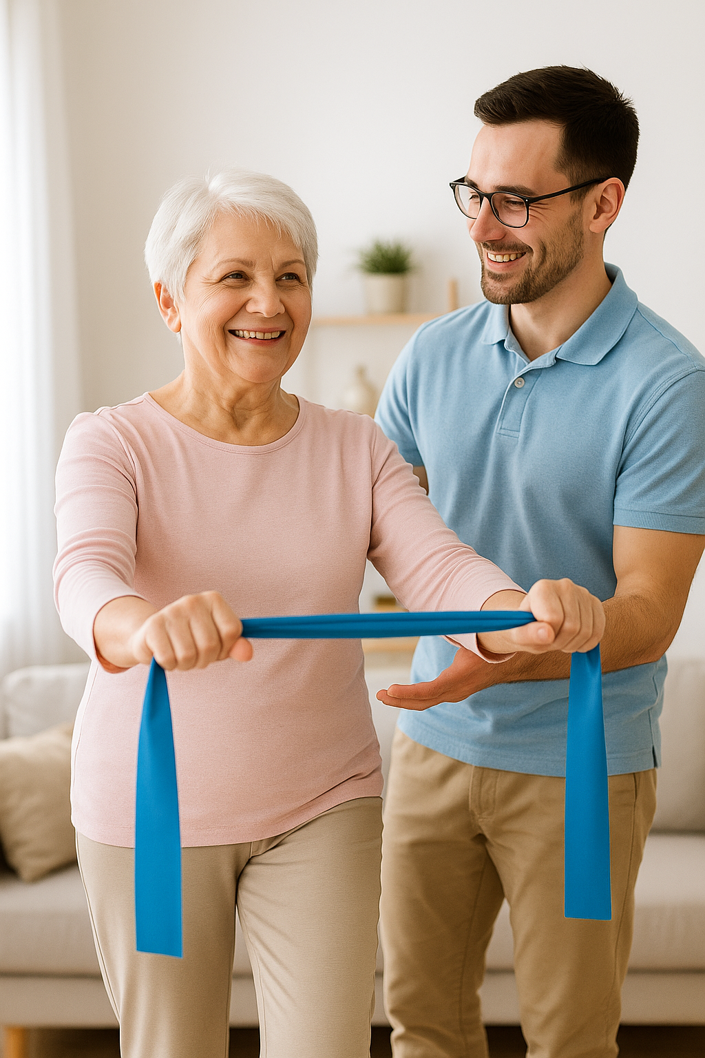In-Home Exercise Physiology Support for Older Adults Accredited exercise physiologist assisting an older adult with resistance band exercises at home