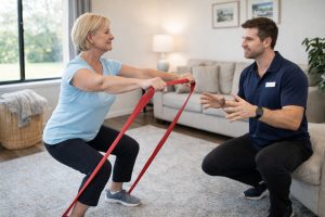 Exercise physiologist supervising a home-based resistance exercise as part of a chronic disease management program