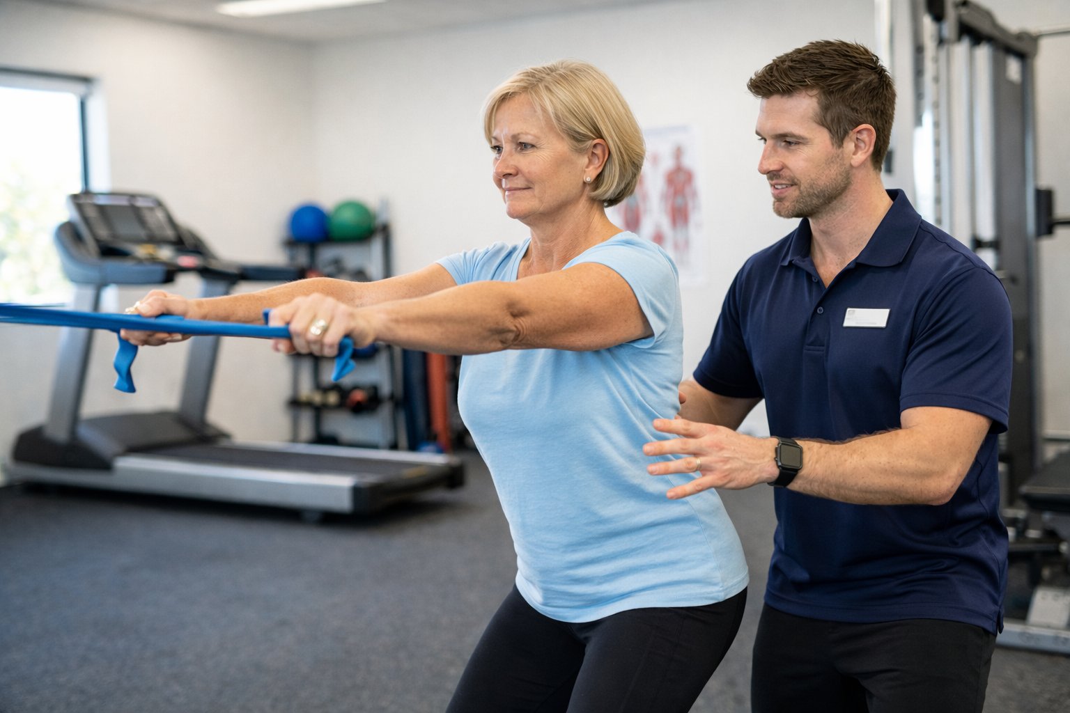 Accredited exercise physiologist supervising resistance band strength training as part of a chronic disease management program in a clinic