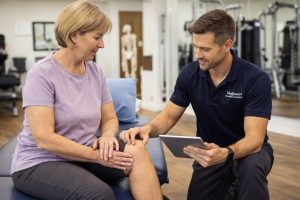 Exercise physiologist conducting a clinic-based assessment with a middle-aged client prior to starting an individualised exercise program