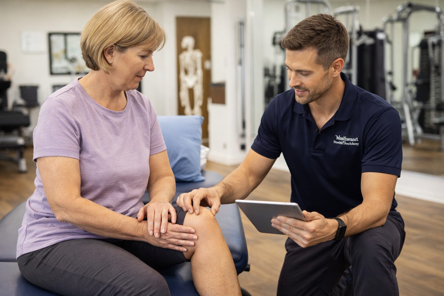 Exercise physiologist conducting a clinic-based assessment with a middle-aged client prior to starting an individualised exercise program