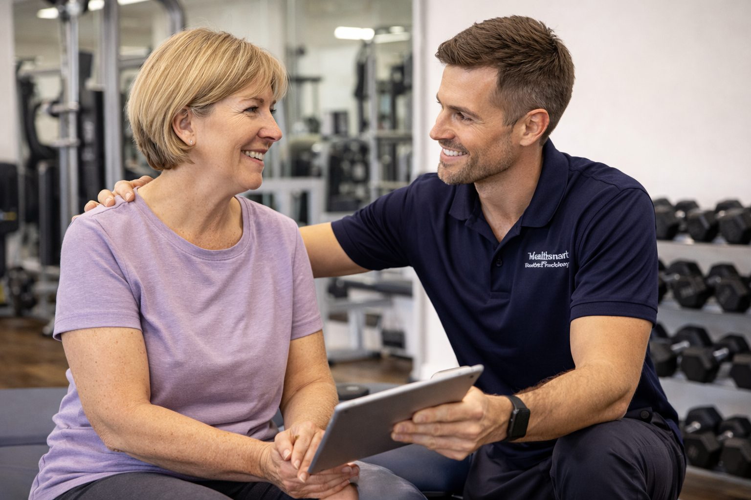 Exercise physiologist providing reassurance and support to a middle-aged client during a clinic-based consultation