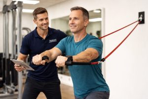 Exercise physiologist supervising a middle-aged client performing a standing chest press with resistance bands in a clinic setting