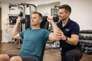 Exercise physiologist supervising a middle-aged client performing seated upper-body strength training with dumbbells in a clinic setting