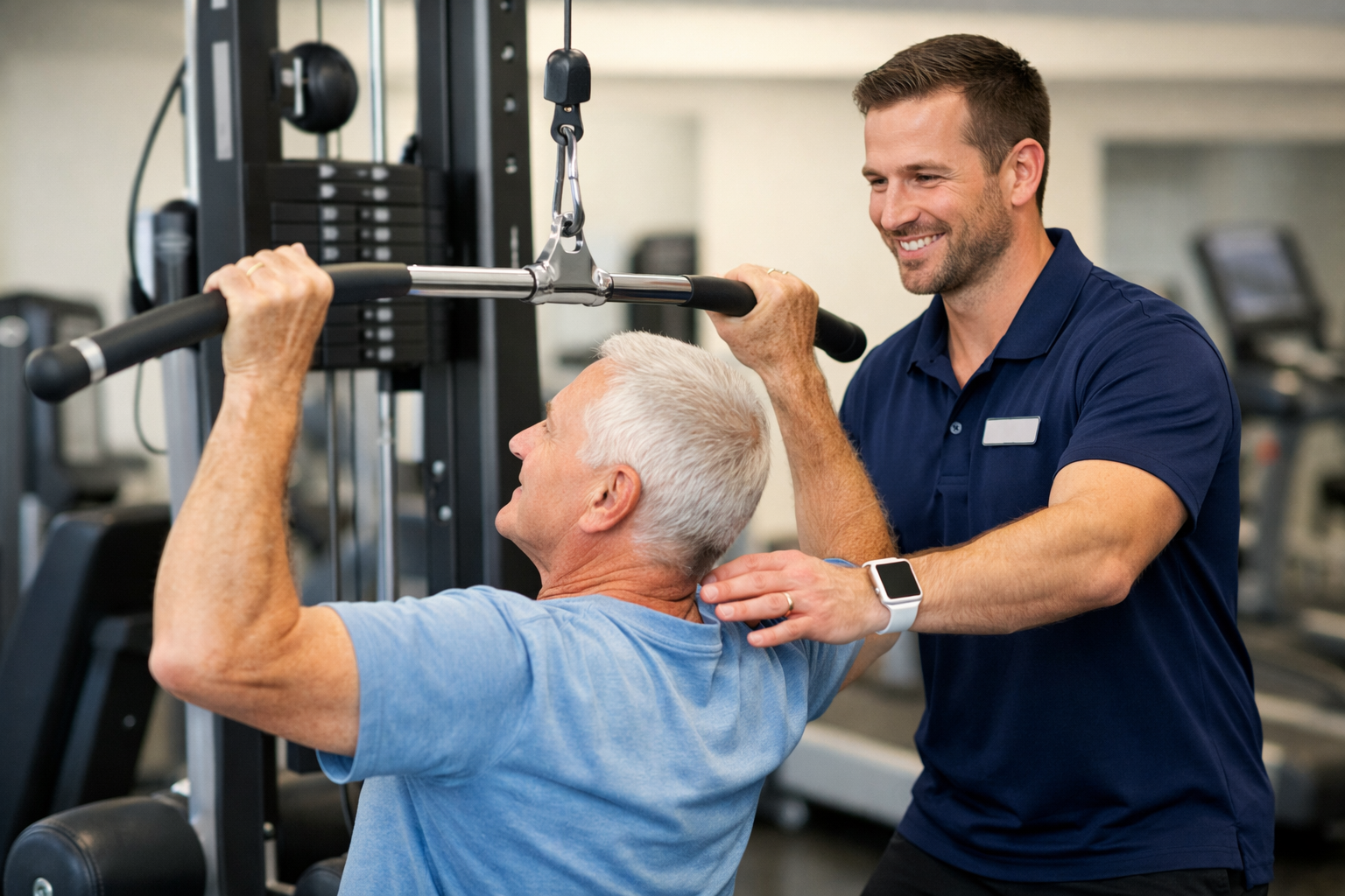 Accredited exercise physiologist guiding strength training in a clinical gym