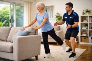 Exercise physiologist delivering home-based balance and falls prevention exercises using a couch for support