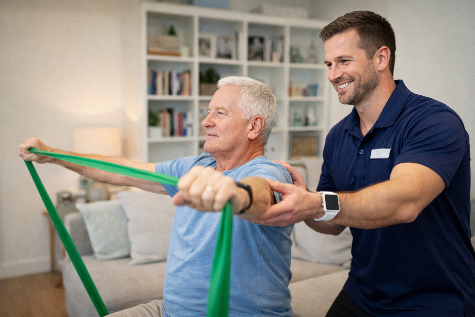 Accredited exercise physiologist assisting an older adult with resistance band exercises at home