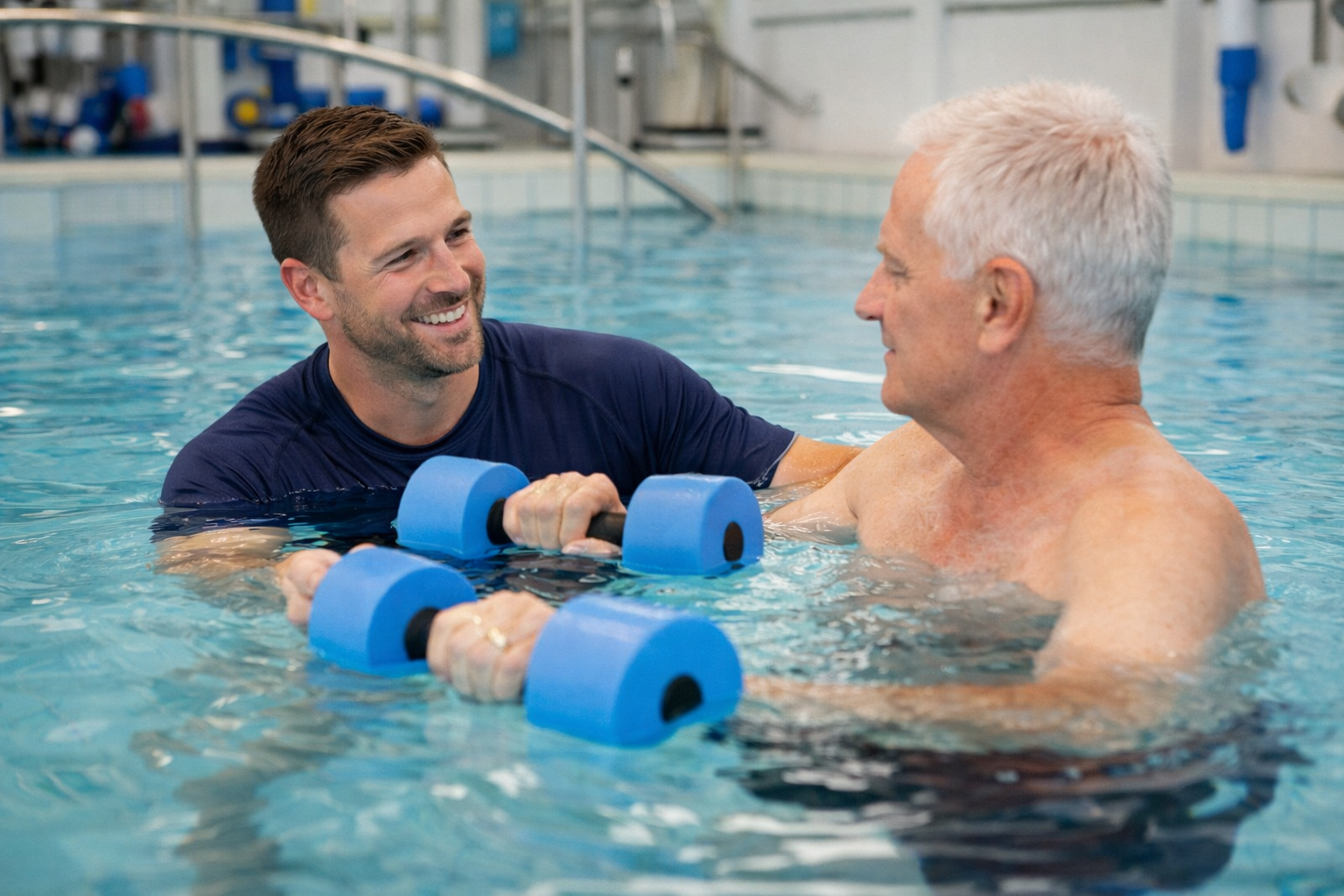 Accredited exercise physiologist supervising hydrotherapy exercises in an indoor pool