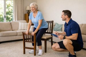 Exercise physiologist conducting an in-home assessment, supporting an older adult with a sit-to-stand movement using a chair