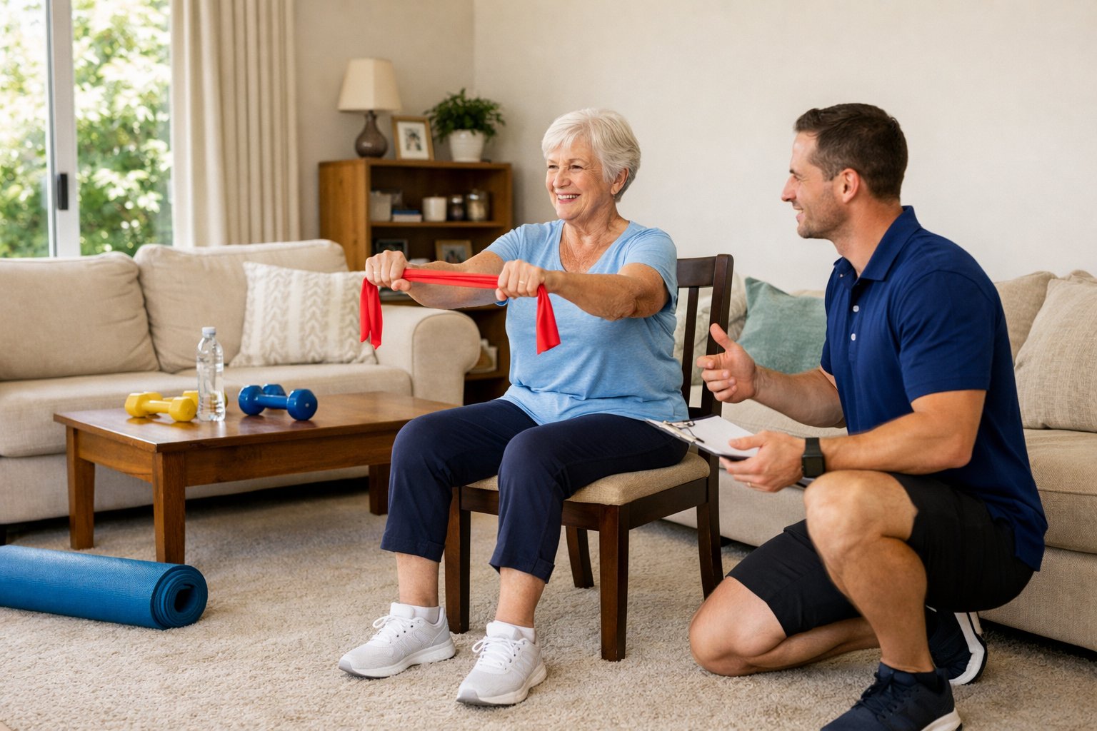 Exercise physiologist providing a mobile home visit, supporting an older adult with simple strength exercises using a chair in their living room