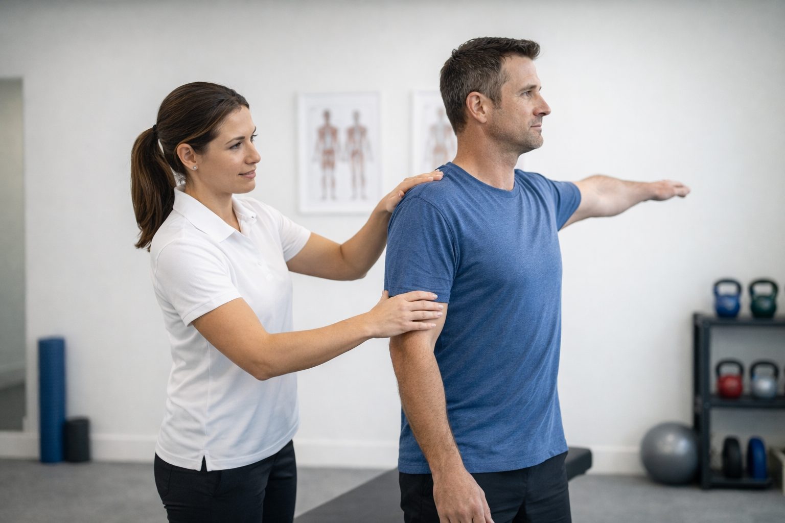 Exercise physiologist assessing shoulder movement and posture during musculoskeletal injury assessment in clinic