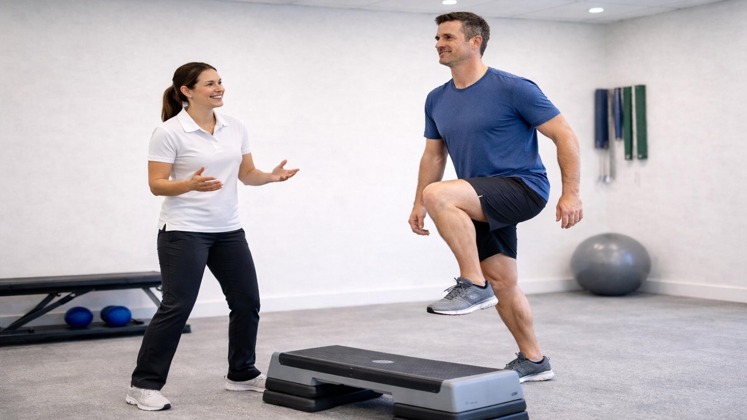 Exercise physiologist supervising functional lower limb strength and balance training for musculoskeletal injury rehabilitation
