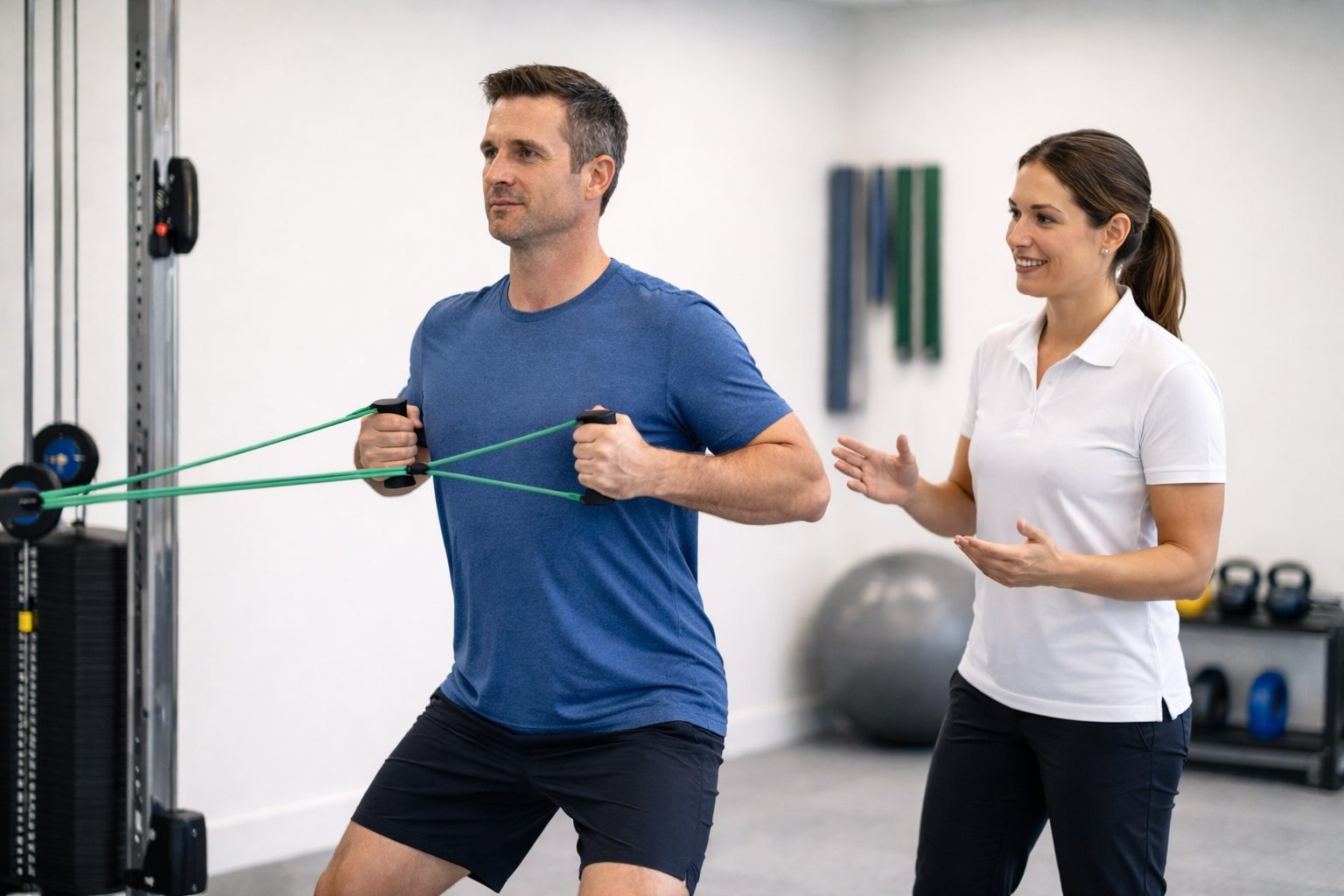 Accredited exercise physiologist supervising resistance band exercise for musculoskeletal injury rehabilitation in clinic