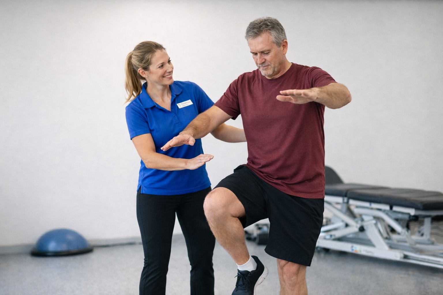 Neurological Exercise Physiology Guided Balance and Coordination Training Exercise physiologist guiding neurological balance and coordination training with an older adult in a clinic