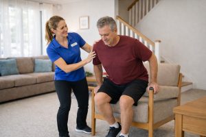 Exercise physiologist supporting neurological home-based functional training during sit-to-stand exercise
