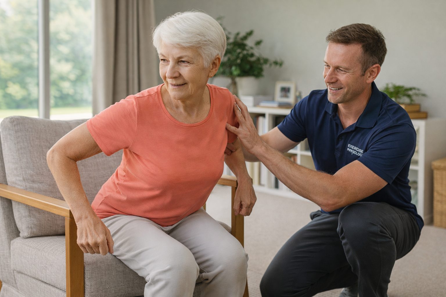 Older adult performing a sit-to-stand exercise with an accredited exercise physiologist to support independence as they age