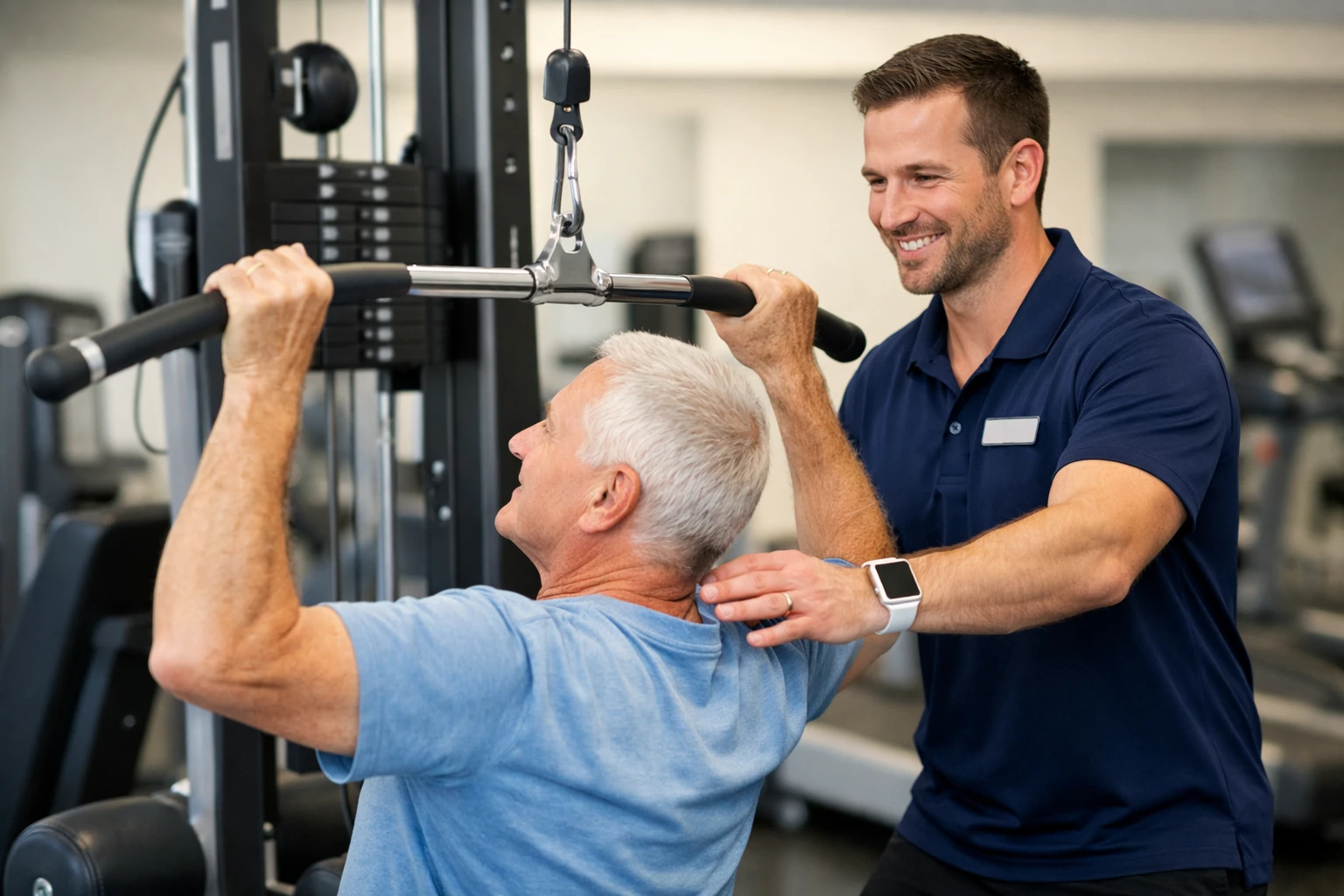 Accredited exercise physiologist guiding strength training in a clinical gym